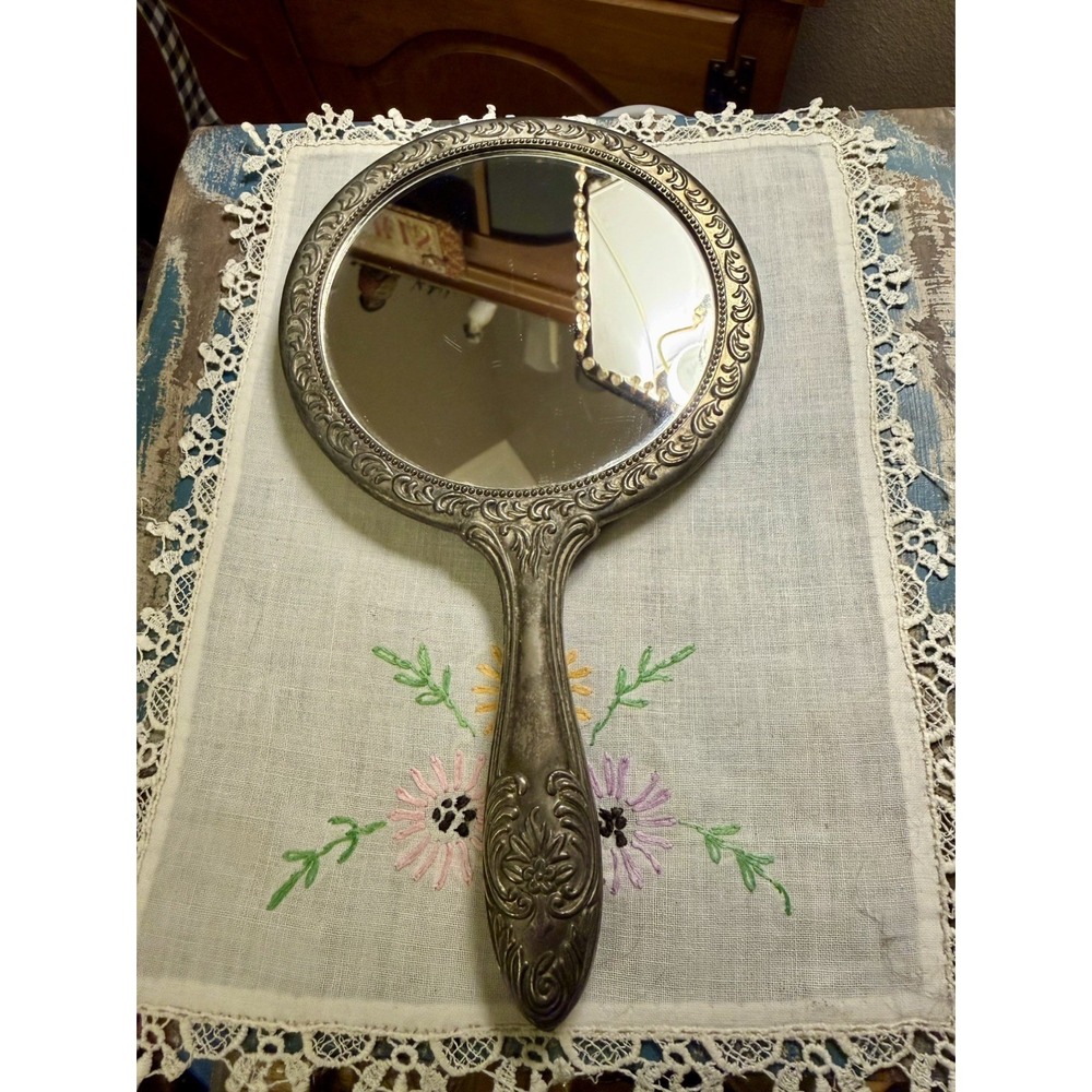 Vintage Victorian Vanity Hand Mirror Repousse FLOWERS Silver Plate Heavy Roses